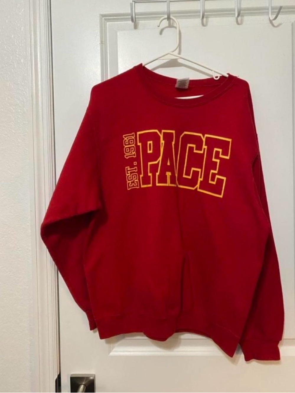 Jerzees Red Crewneck Sweatshirt with Yellow Varsity Print